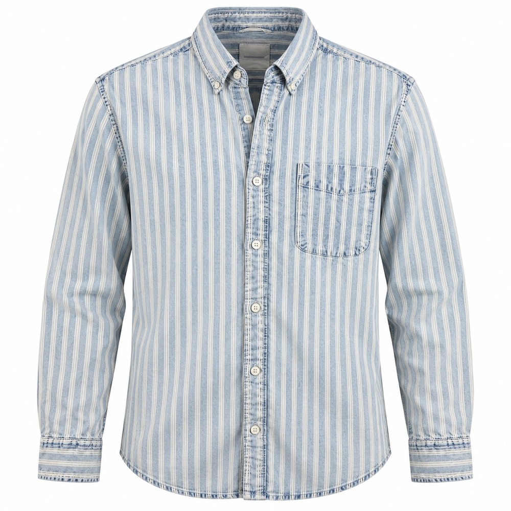 AMERICAN EAGLE Men's Blue Striped Denim Button Down Shirt, Large